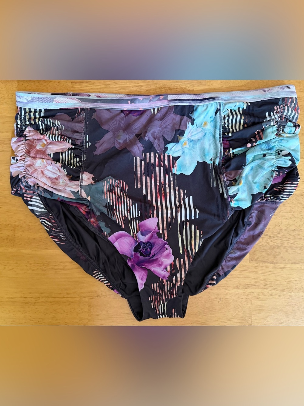 ⭐️2/$12 Calia 1X Gray Purple Floral Ruched High-Waist Swim Bikini Bottoms EUC